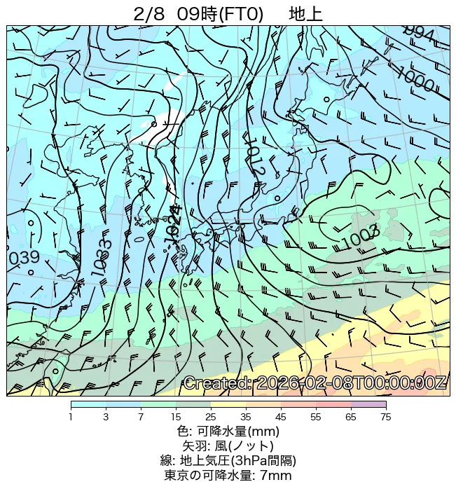 2026年2月8日の日本周辺の地上天気図（9時）