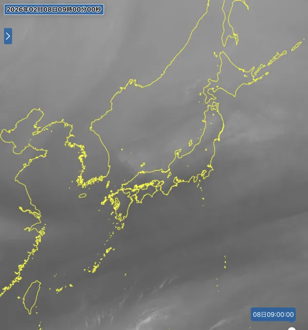 2026年2月8日9時の日本周辺の衛星水蒸気画像