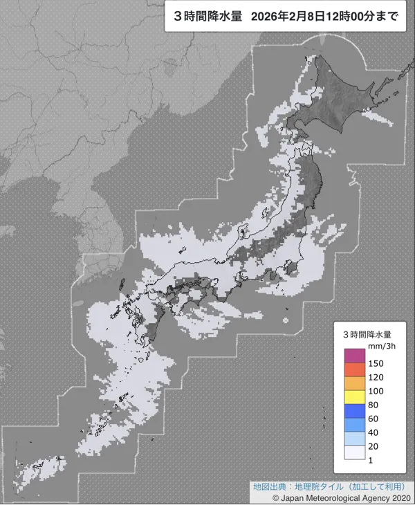 2026年2月8日9〜12時の日本周辺の3時間解析降水量