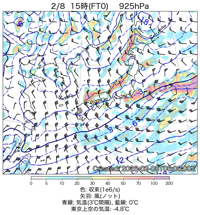 2026年2月8日の日本周辺の925hPa天気図（15時）
