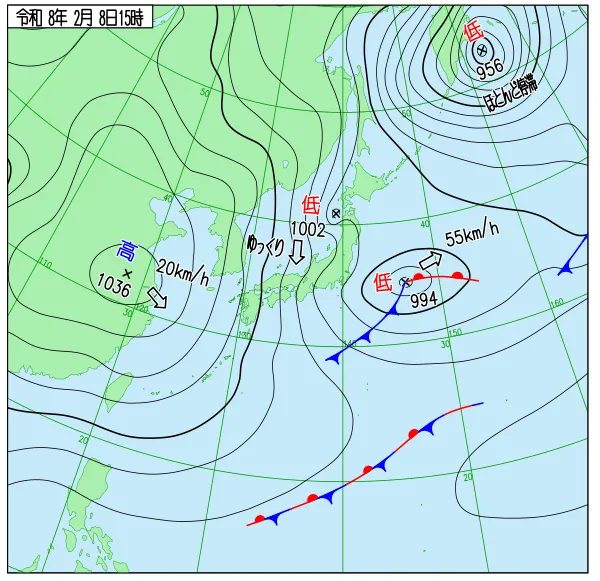 2026年2月8日15時の速報天気図