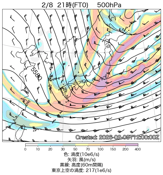 2026年2月8日の日本周辺の500hPa天気図（21時）