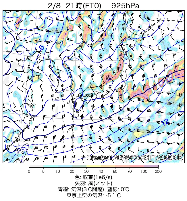 2026年2月8日の日本周辺の925hPa天気図（21時）