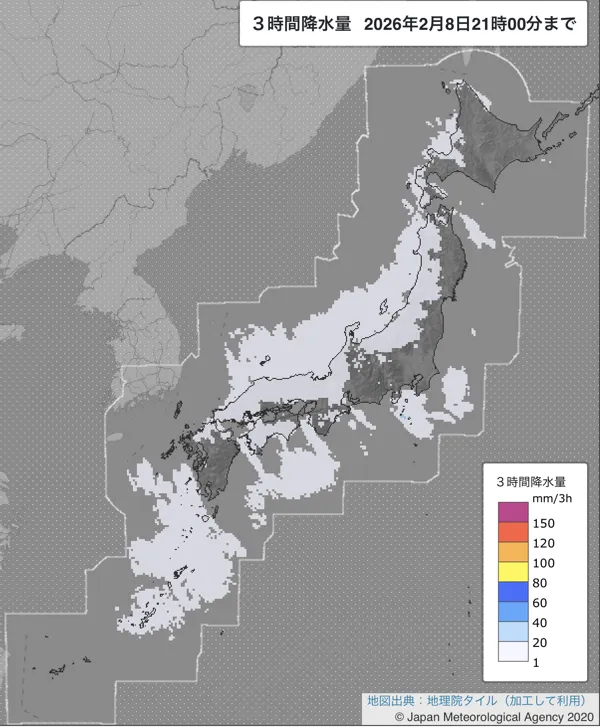 2026年2月8日18〜21時の日本周辺の3時間解析降水量