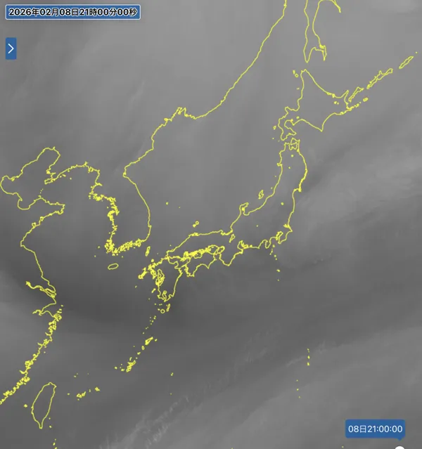 2026年2月8日21時の日本周辺の衛星水蒸気画像