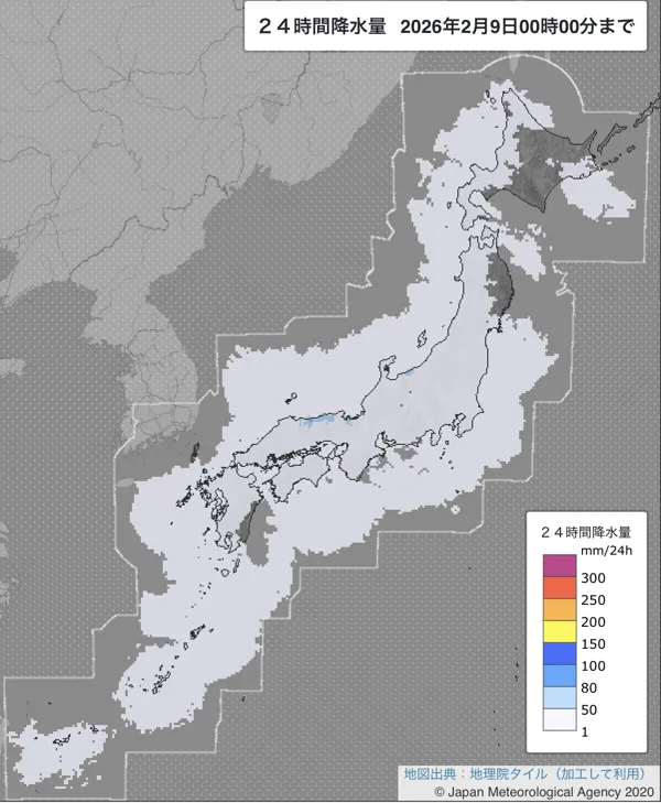 2026年2月8日の日本周辺の日解析雨量の図