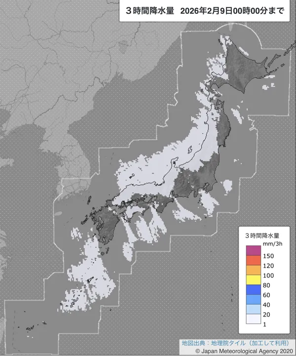 2026年2月8日21〜24時の日本周辺の3時間解析降水量