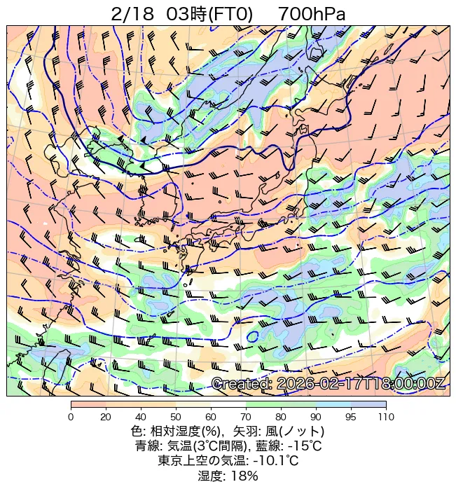 2026年2月18日の日本周辺の700hPa天気図（3時）