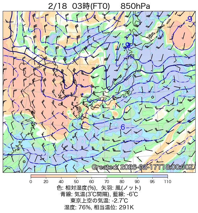 2026年2月18日の日本周辺の850hPa天気図（3時）