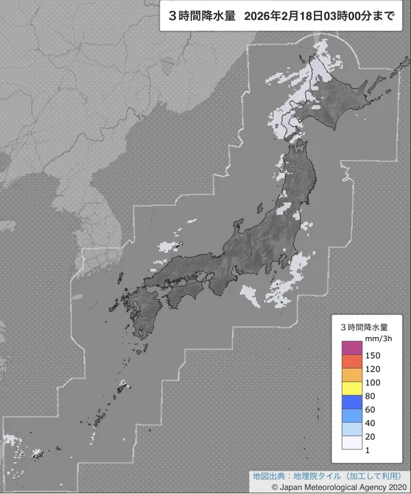 2026年2月18日0〜3時の日本周辺の3時間解析降水量