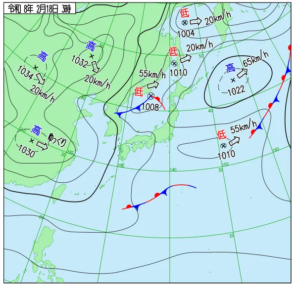 2026年2月18日3時の速報天気図