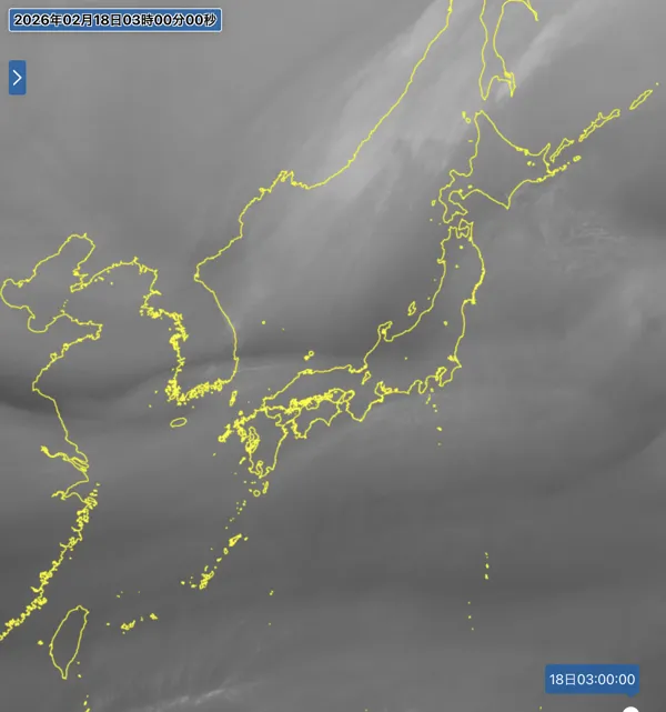 2026年2月18日3時の日本周辺の衛星水蒸気画像