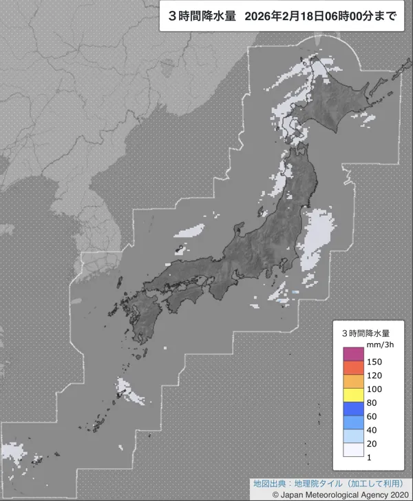 2026年2月18日3〜6時の日本周辺の3時間解析降水量