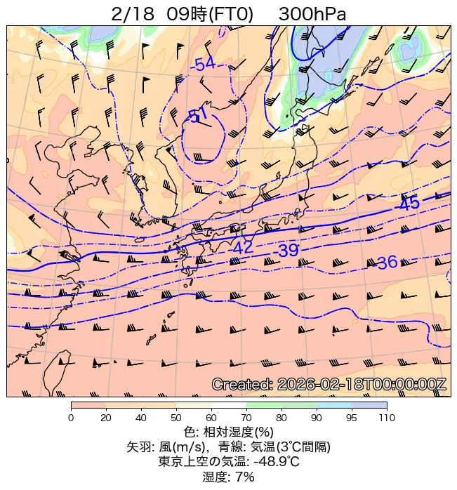 2026年2月18日の日本周辺の300hPa天気図（9時）