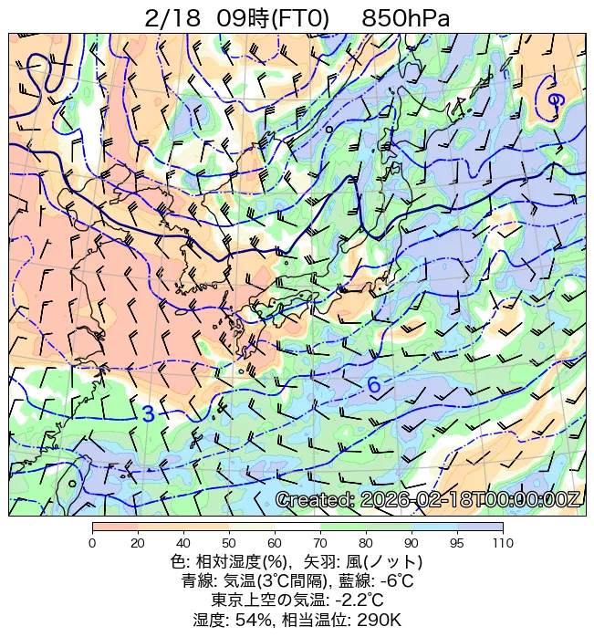 2026年2月18日の日本周辺の850hPa天気図（9時）