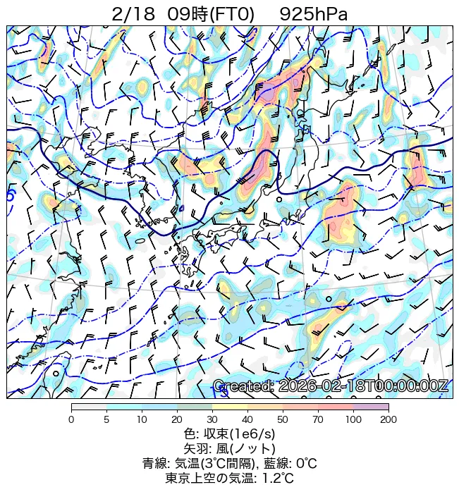 2026年2月18日の日本周辺の925hPa天気図（9時）