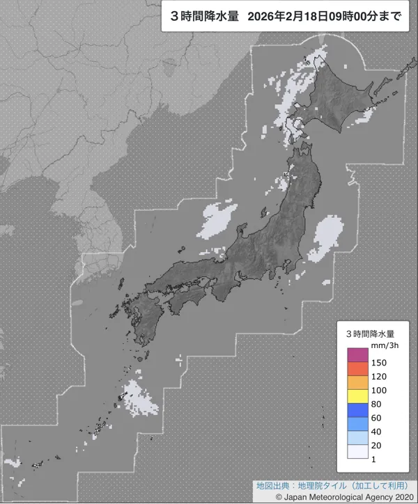 2026年2月18日6〜9時の日本周辺の3時間解析降水量