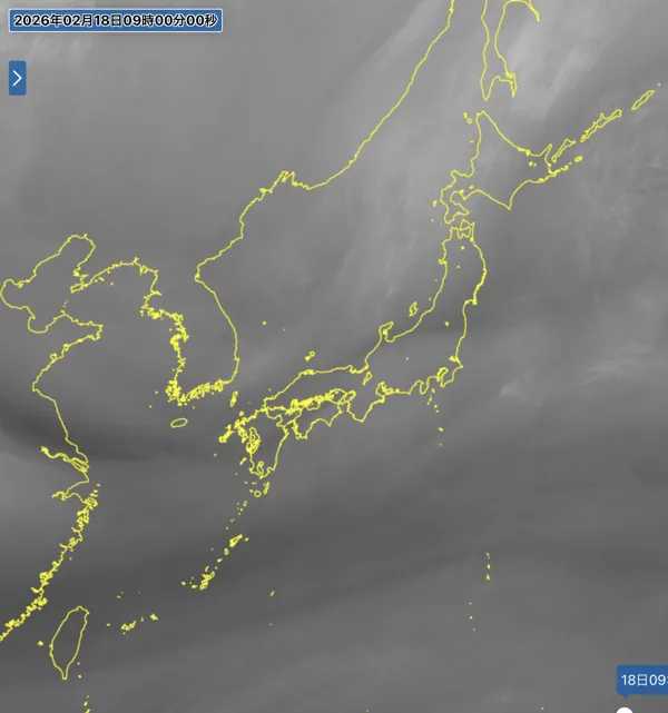 2026年2月18日9時の日本周辺の衛星水蒸気画像
