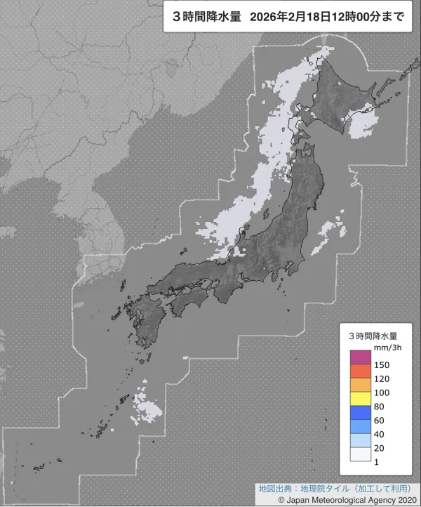 2026年2月18日9〜12時の日本周辺の3時間解析降水量