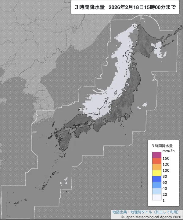2026年2月18日12〜15時の日本周辺の3時間解析降水量