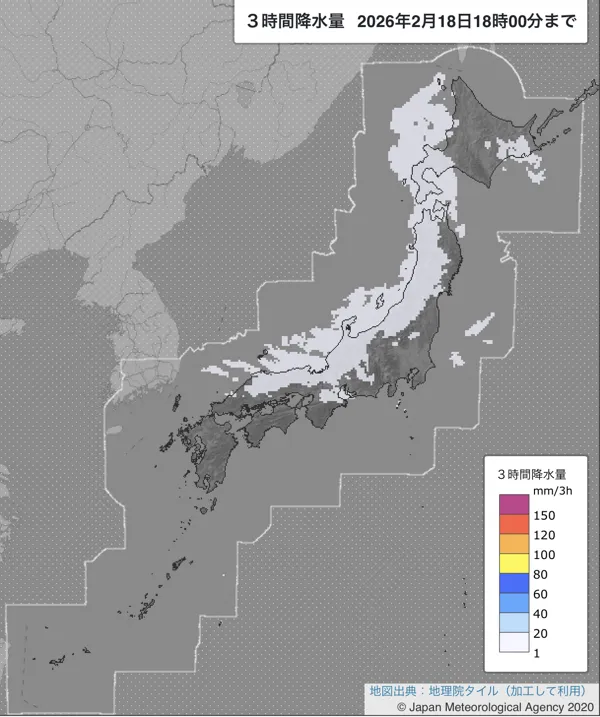 2026年2月18日15〜18時の日本周辺の3時間解析降水量