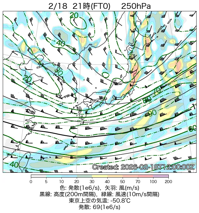 2026年2月18日の日本周辺の250hPa天気図（21時）