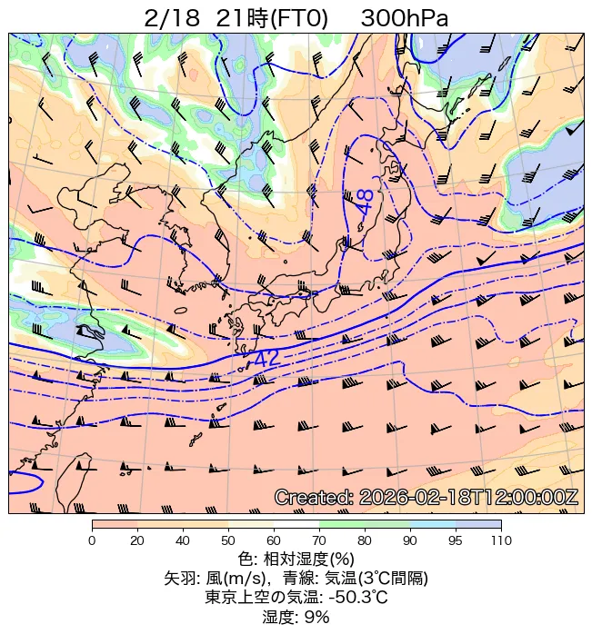 2026年2月18日の日本周辺の300hPa天気図（21時）