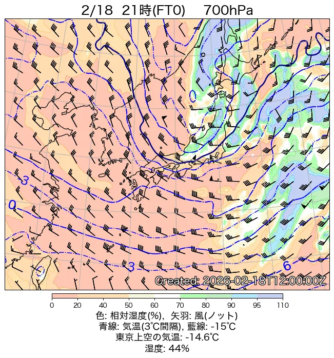 2026年2月18日の日本周辺の700hPa天気図（21時）