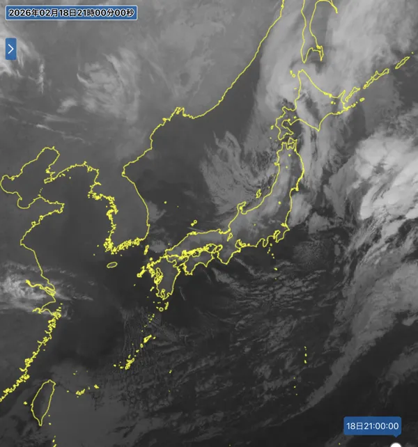2026年2月18日21時の日本周辺の衛星赤外画像