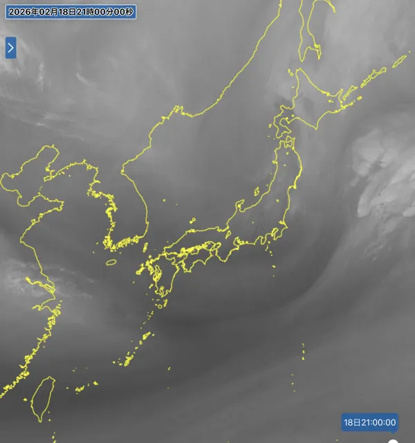 2026年2月18日21時の日本周辺の衛星水蒸気画像