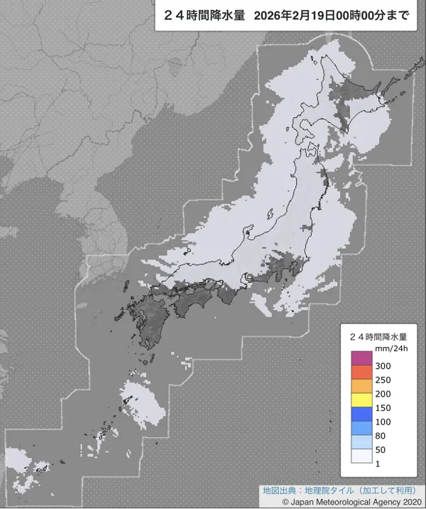 2026年2月18日の日本周辺の日解析雨量の図