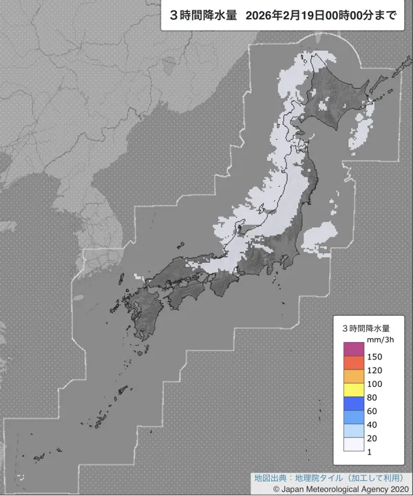 2026年2月18日21〜24時の日本周辺の3時間解析降水量