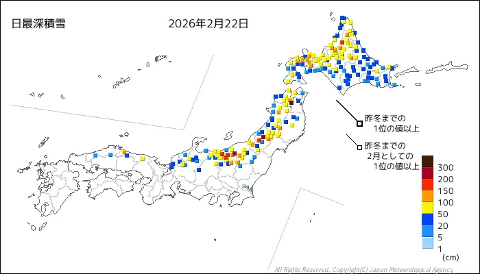 日本のアメダス最大積雪量の図