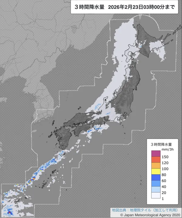 2026年2月23日0〜3時の日本周辺の3時間解析降水量