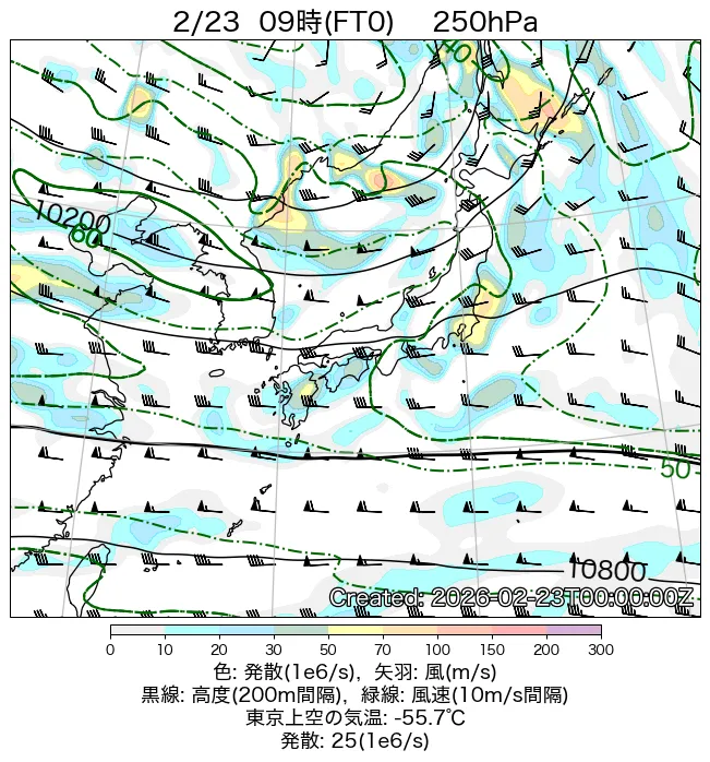 2026年2月23日の日本周辺の250hPa天気図（9時）