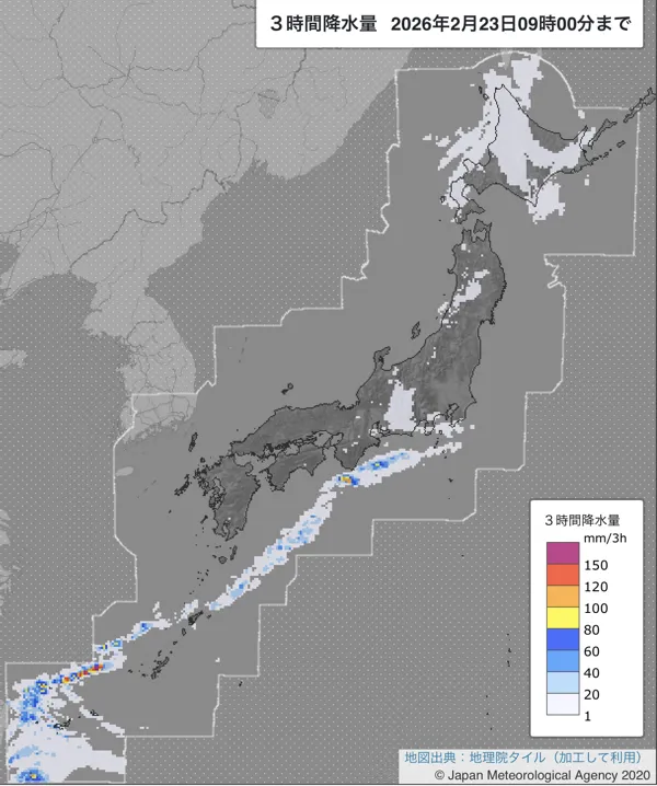 2026年2月23日6〜9時の日本周辺の3時間解析降水量