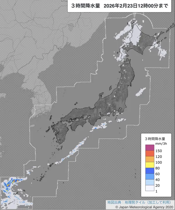 2026年2月23日9〜12時の日本周辺の3時間解析降水量