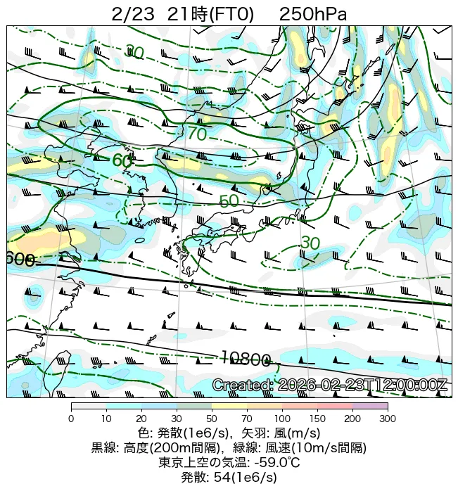 2026年2月23日の日本周辺の250hPa天気図（21時）