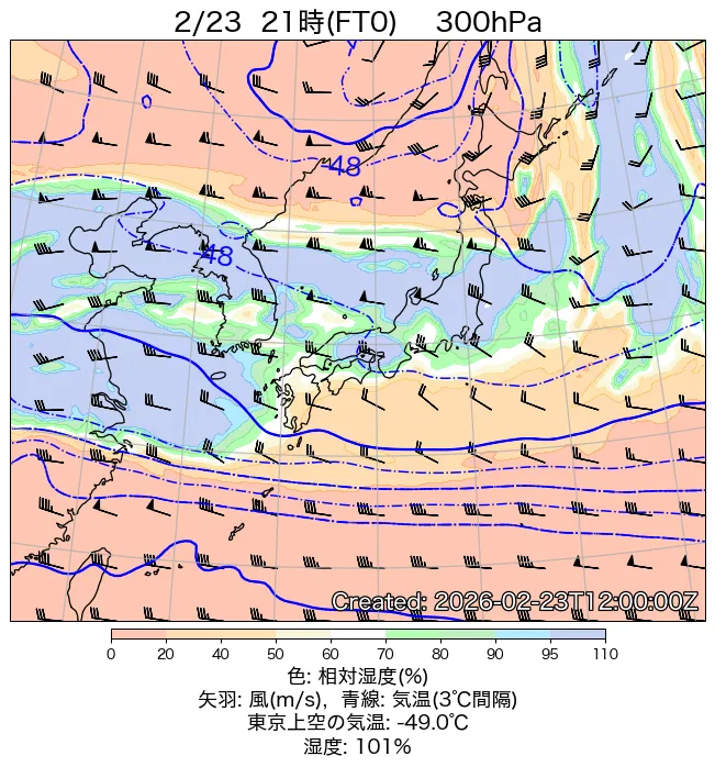 2026年2月23日の日本周辺の300hPa天気図（21時）