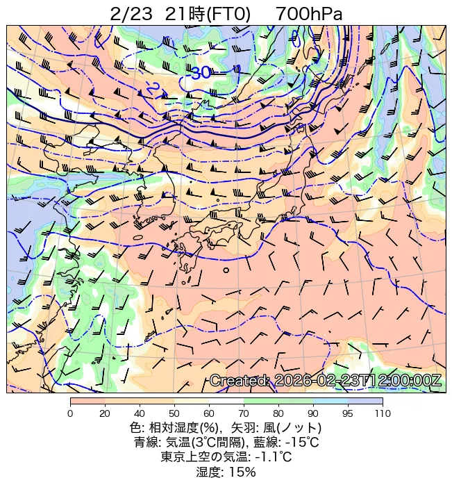 2026年2月23日の日本周辺の700hPa天気図（21時）