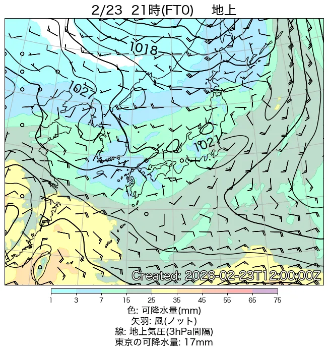 2026年2月23日の日本周辺の地上天気図（21時）