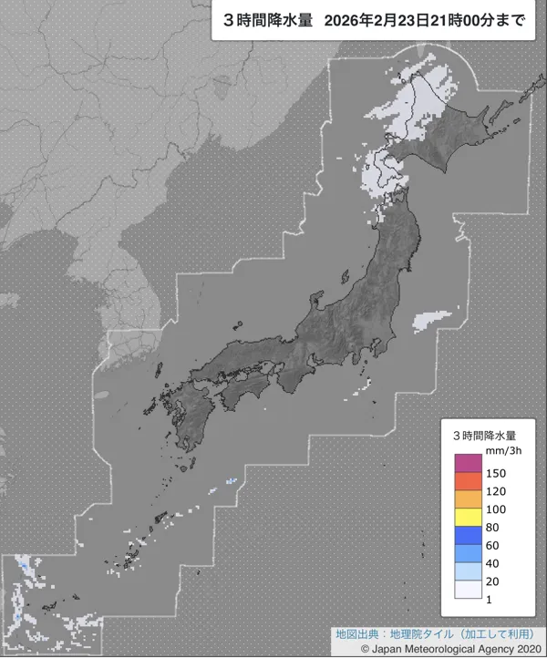 2026年2月23日18〜21時の日本周辺の3時間解析降水量