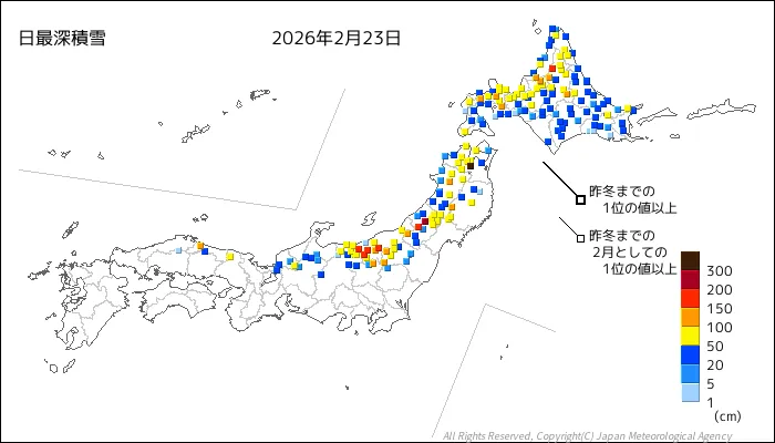 日本のアメダス最大積雪量の図