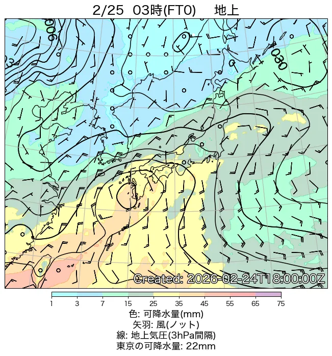 2026年2月25日の日本周辺の地上天気図（3時）
