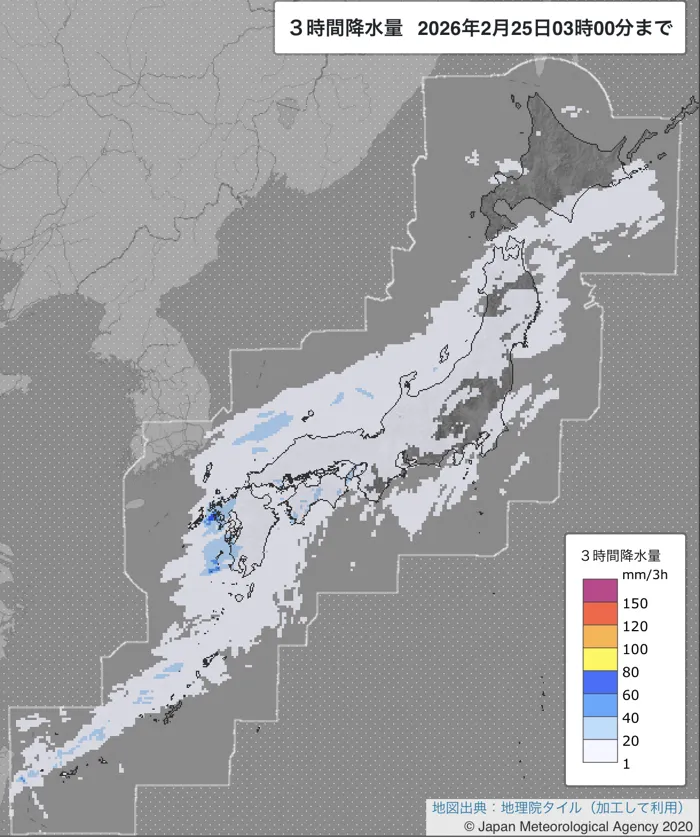2026年2月25日0〜3時の日本周辺の3時間解析降水量