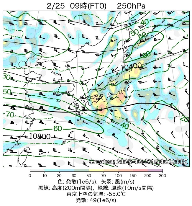 2026年2月25日の日本周辺の250hPa天気図（9時）