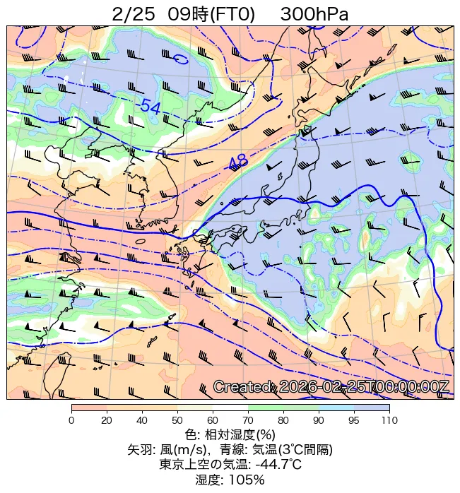 2026年2月25日の日本周辺の300hPa天気図（9時）