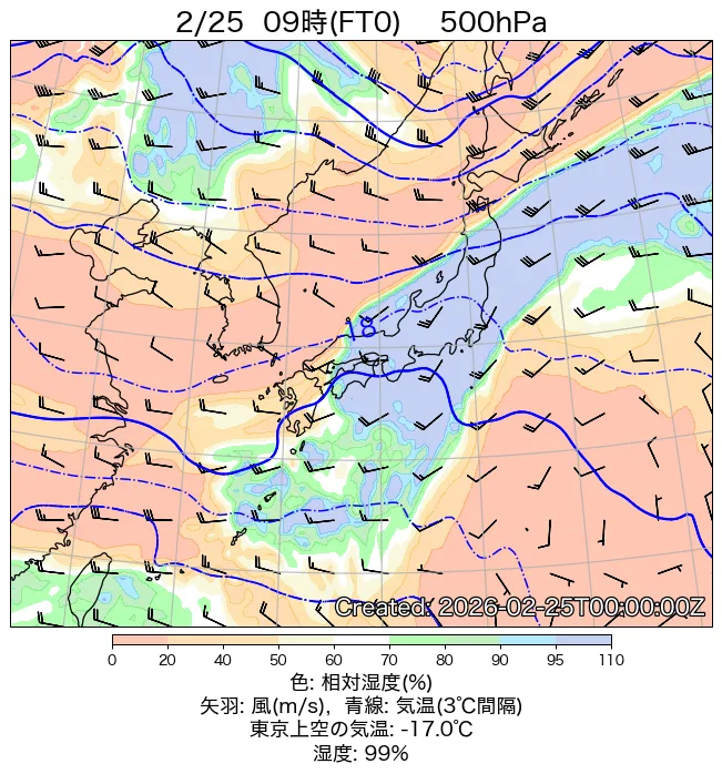 2026年2月25日の日本周辺の500hPa天気図（9時）