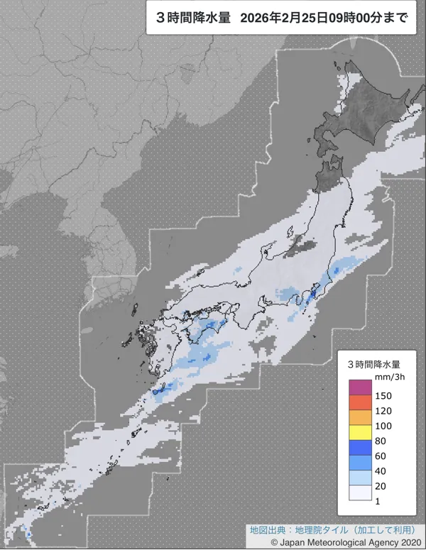 2026年2月25日6〜9時の日本周辺の3時間解析降水量
