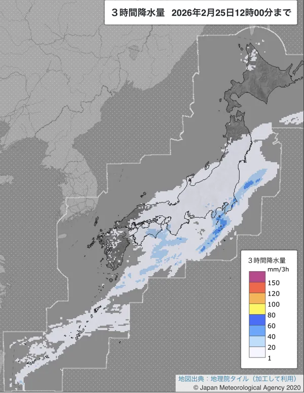 2026年2月25日9〜12時の日本周辺の3時間解析降水量